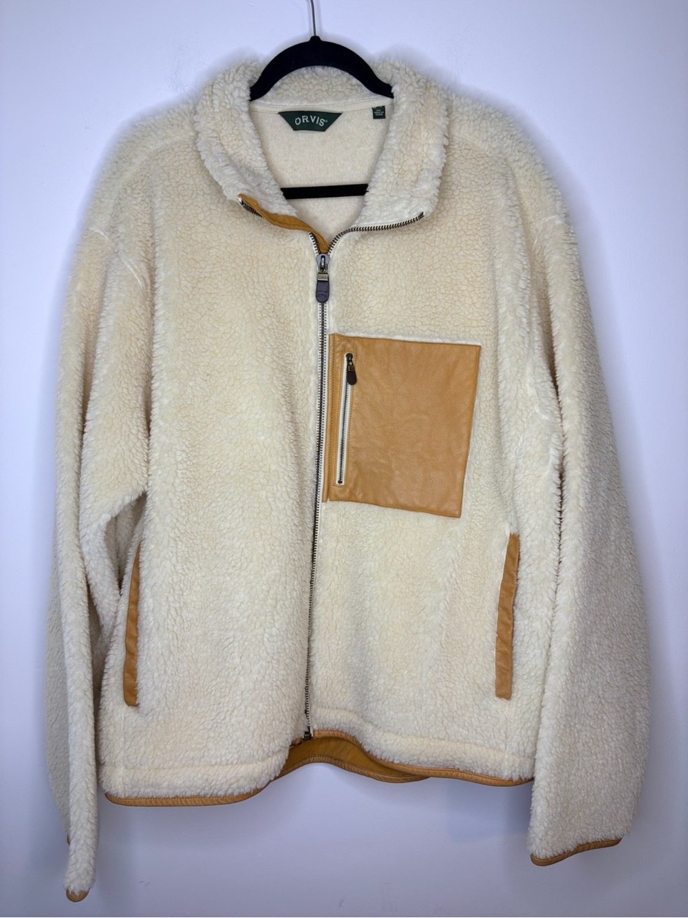 Orvis Men’s XXL Cream Sherpa Zip-Up Jacket with Tan Leather Trim